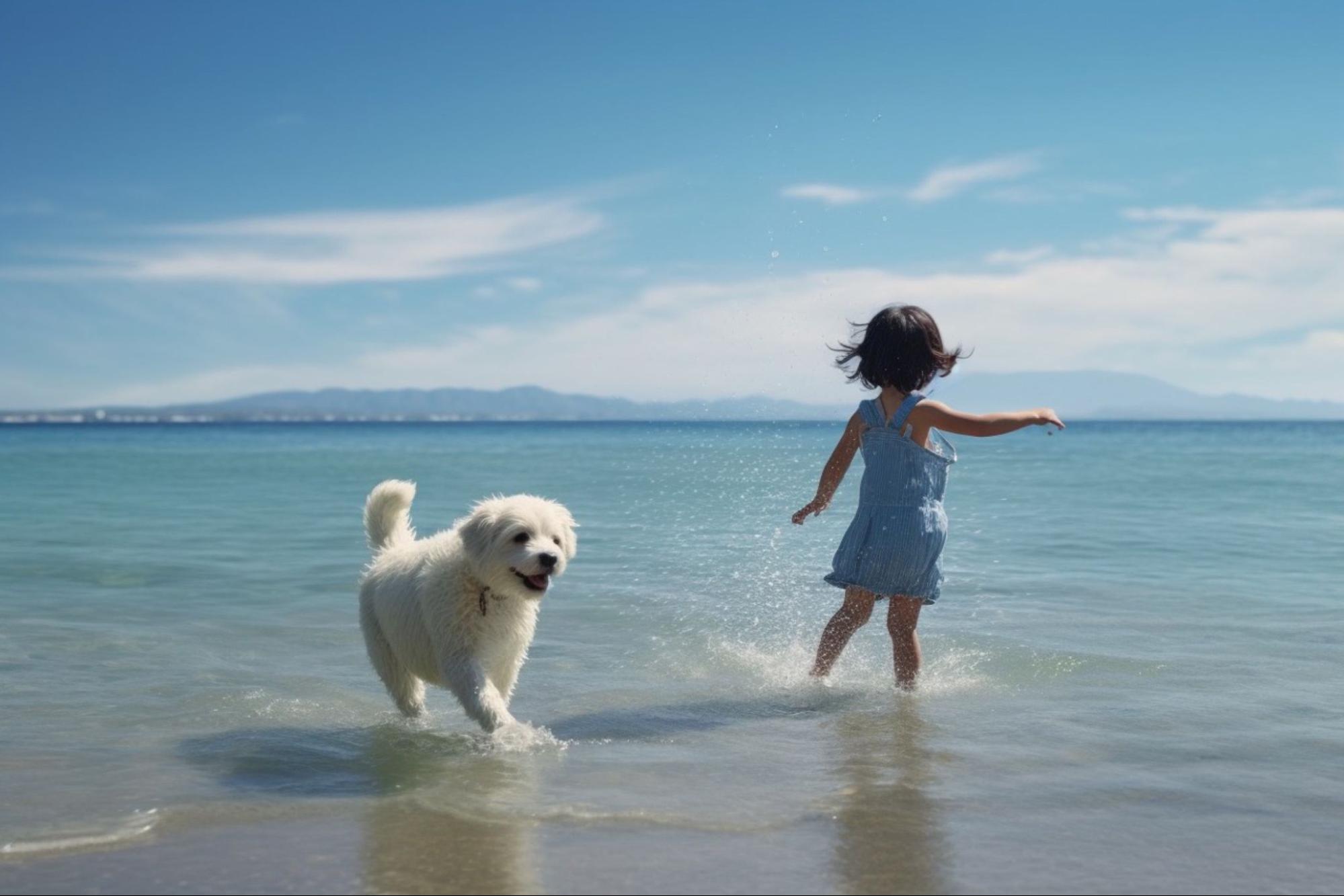 海辺で遊ぶ　犬　子ども