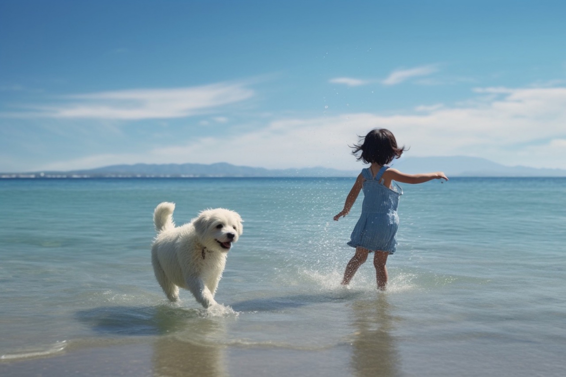 海で遊ぶ子供と犬