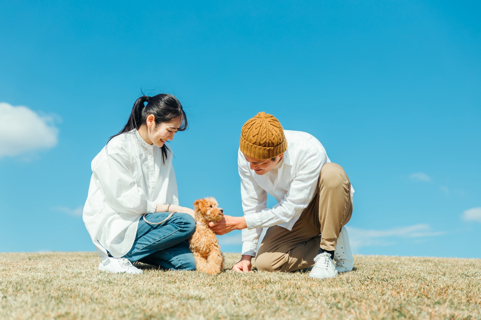 愛犬と遊ぶ男女