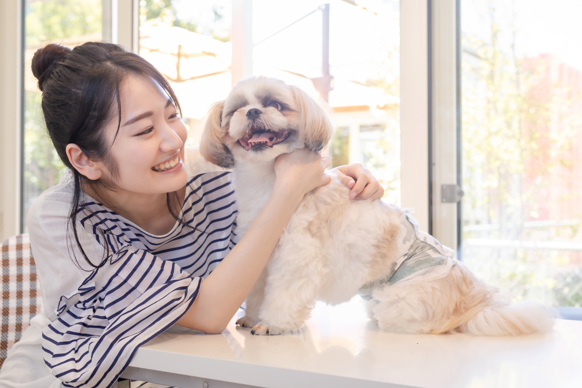 愛犬と遊ぶ女性