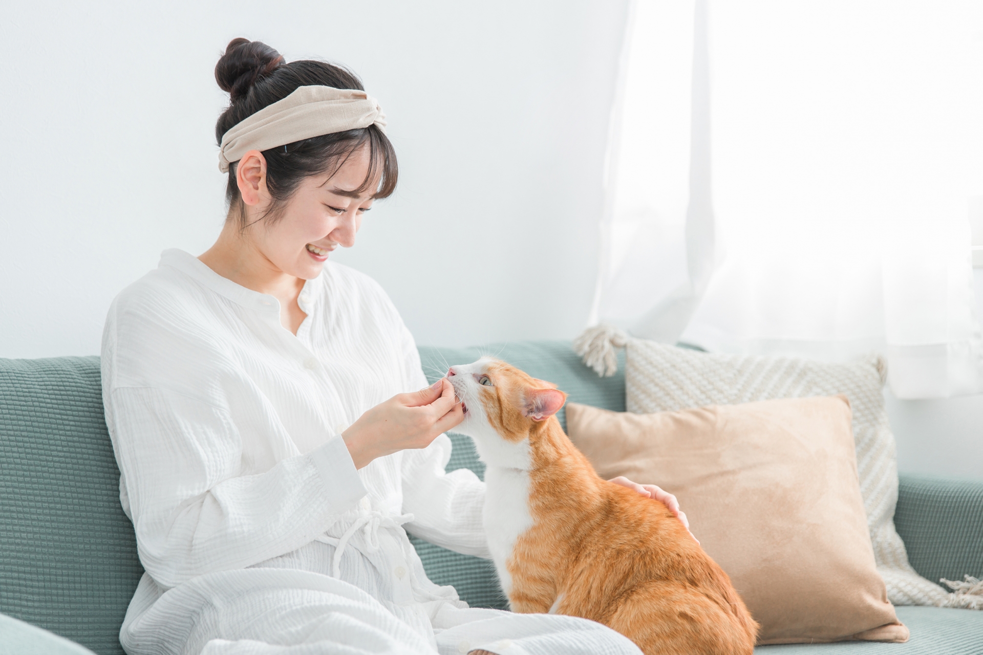 猫におやつをあげる女性