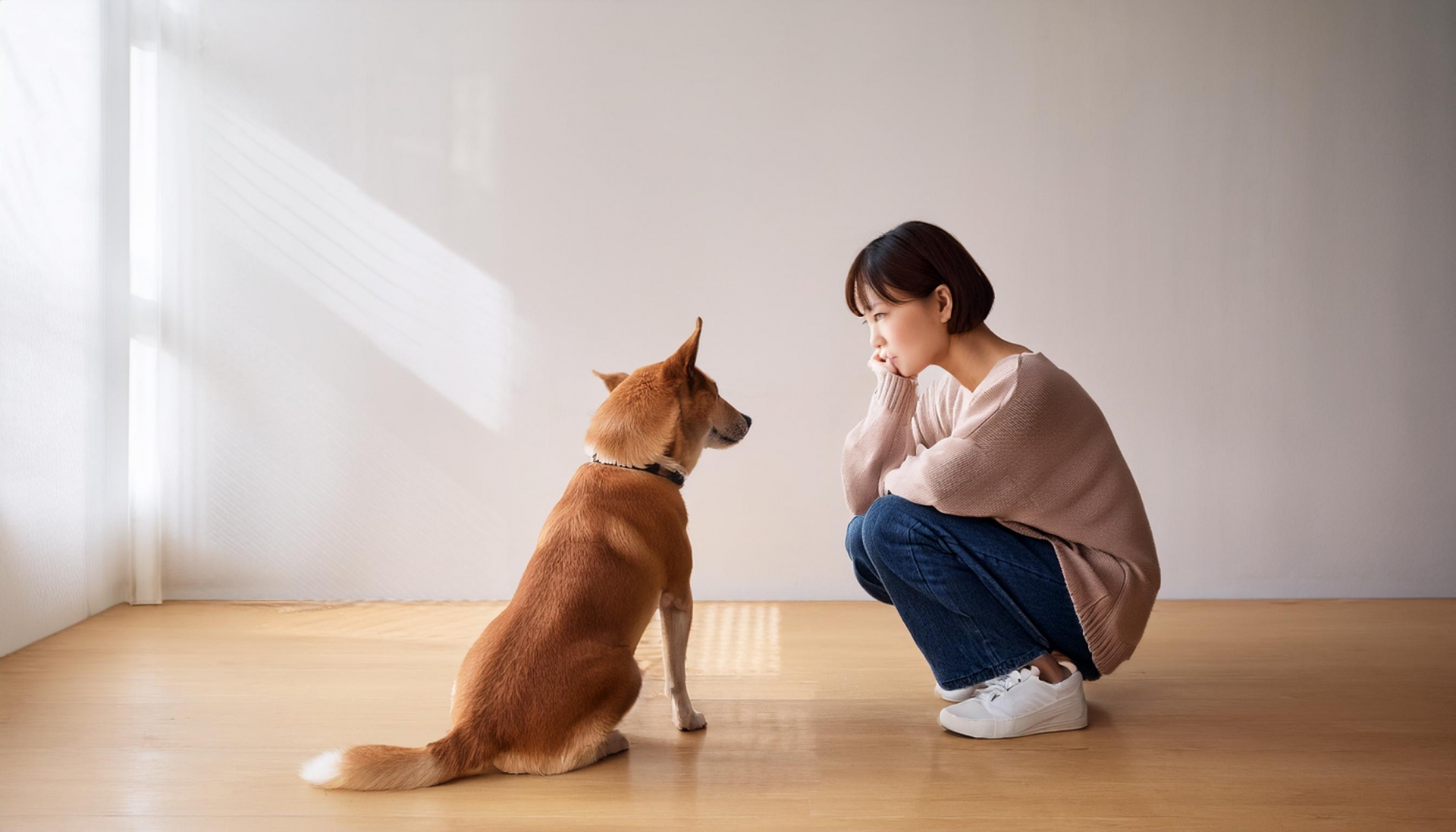犬を見て考えている女性