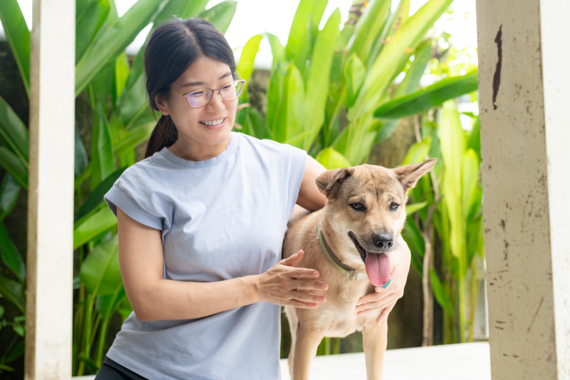 笑顔の女性とペットの犬