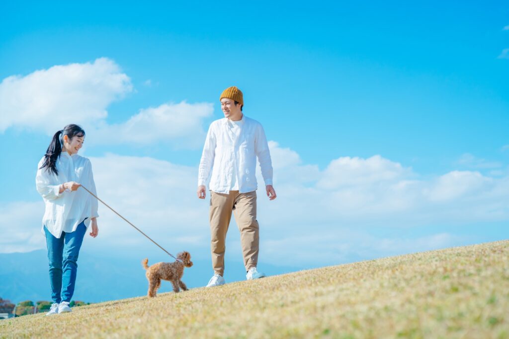 愛犬と遊ぶ男女