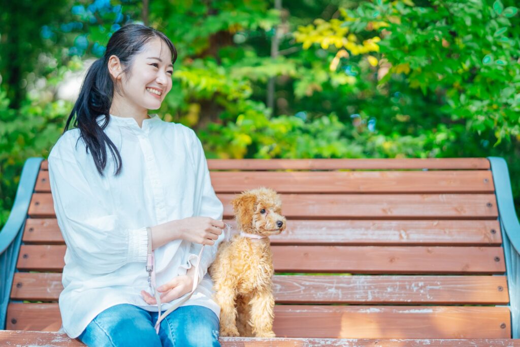 公園で犬と遊ぶ女性