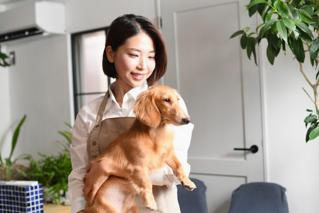 犬（ペット）を抱っこするトリマーの女性