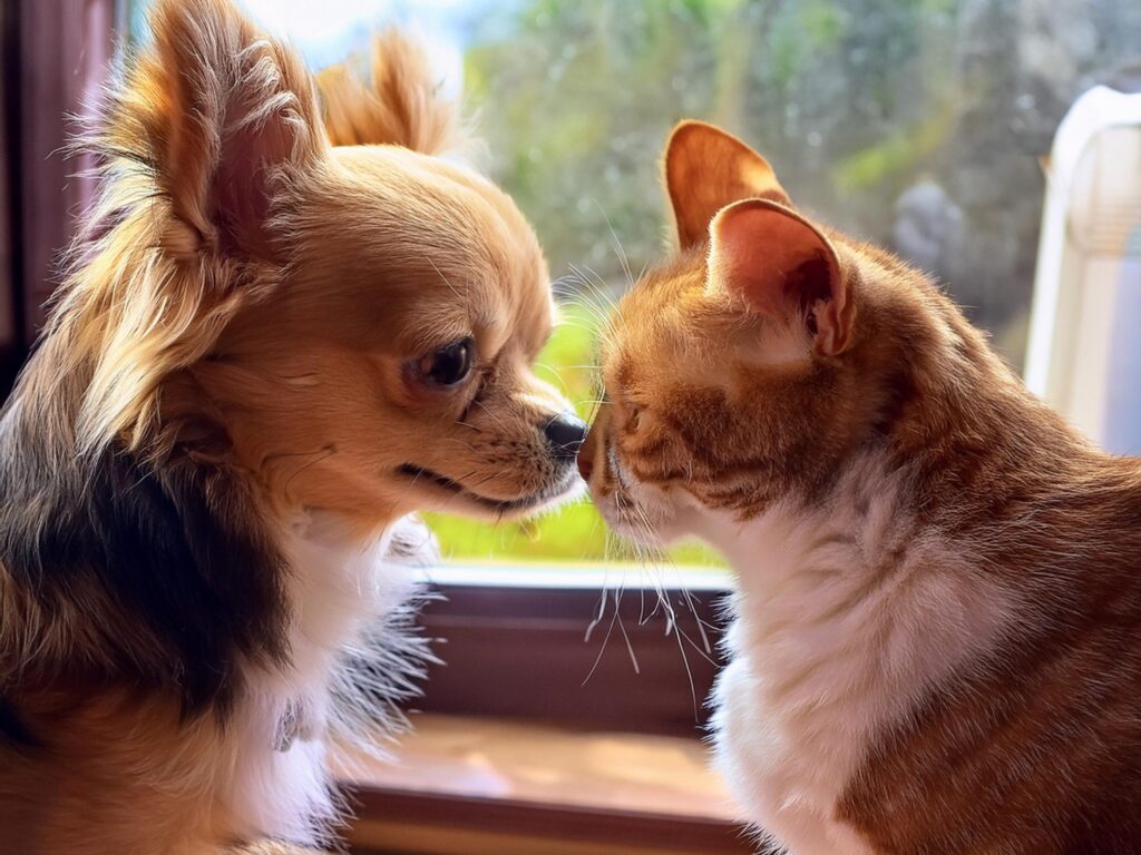 仲良く鼻を突き合わせる犬と猫