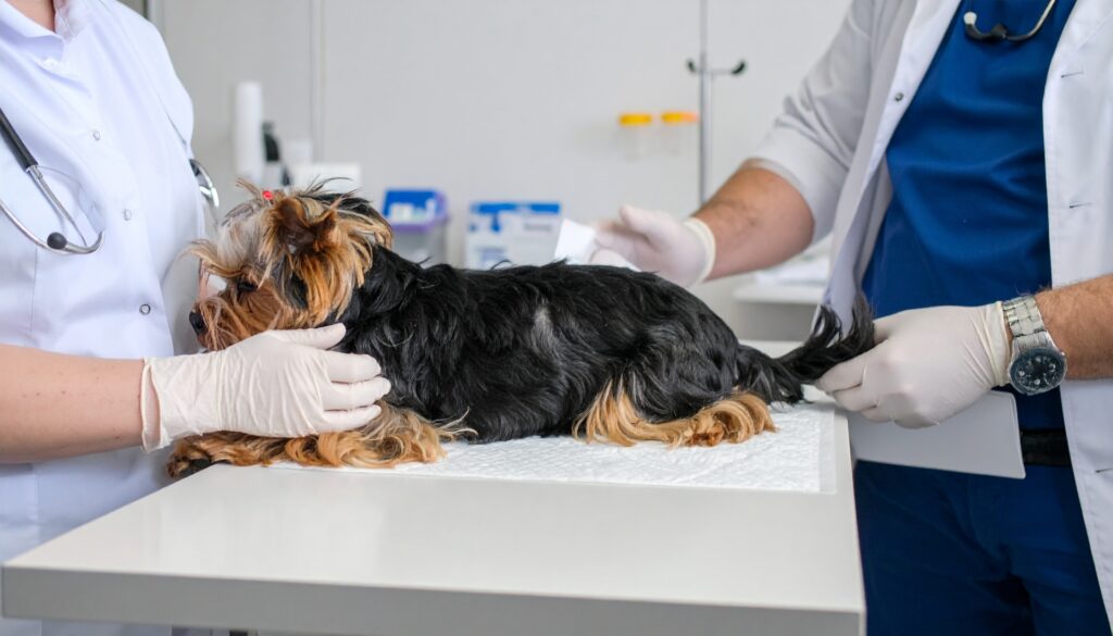 診察を受ける犬