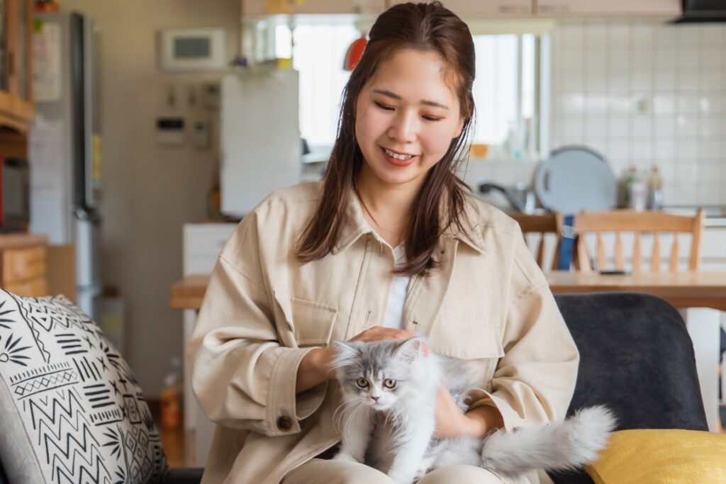 自宅で猫を飼う女性