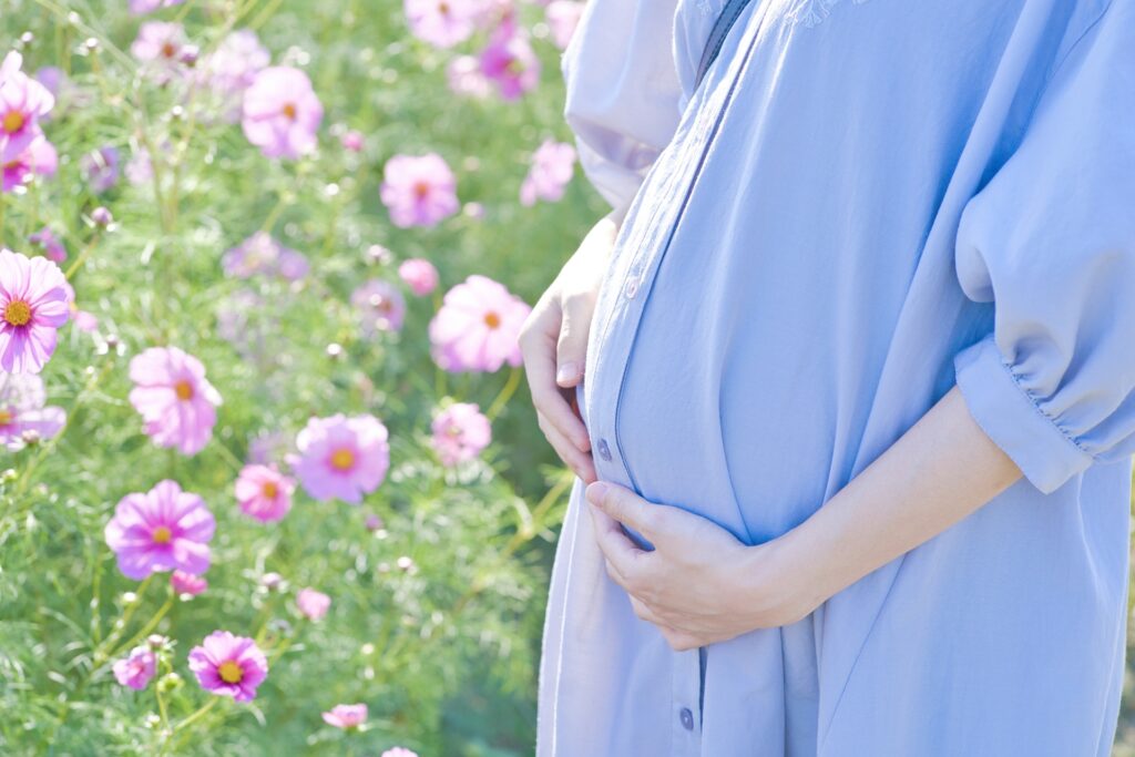 花と臨月の妊婦さんのお腹