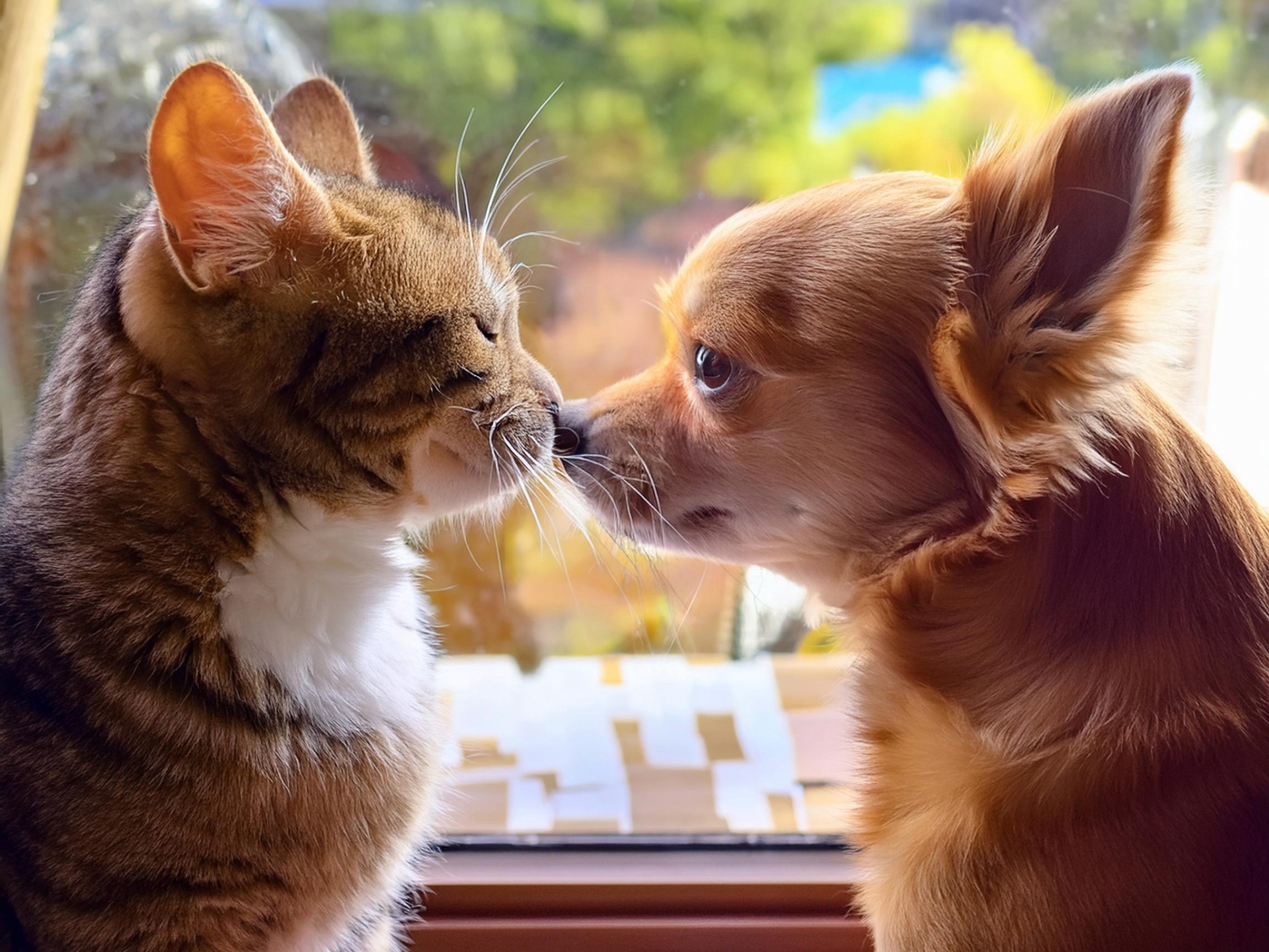 仲良く鼻を突き合わせる犬と猫